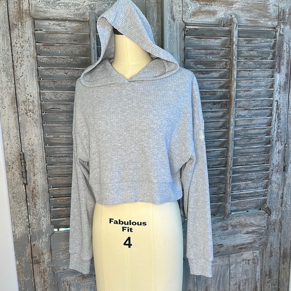 Alo gray ribbed cropped hoodie